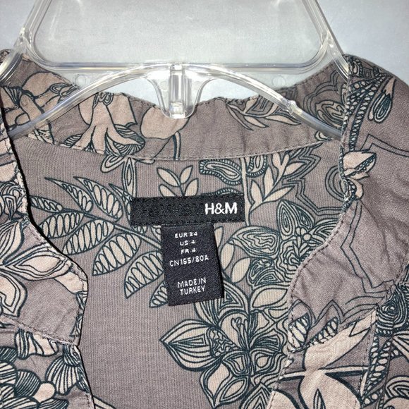 H&M Womens Organic Cotton 3/4 Puff Sleeve Grey Floral Blouse Size 4 - Picture 3 of 12